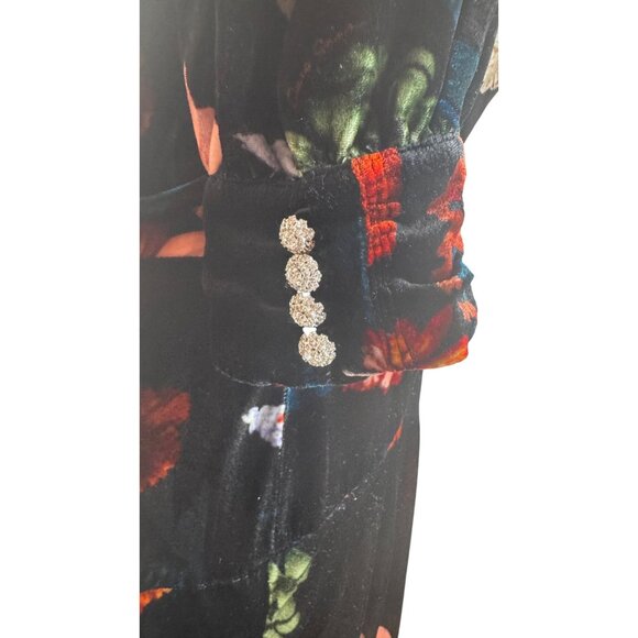 NWT Cara Cara 4 Floral Velvet Midi Dress Rhinestone Buttons V-Neck Puff Sleeves - Picture 7 of 16